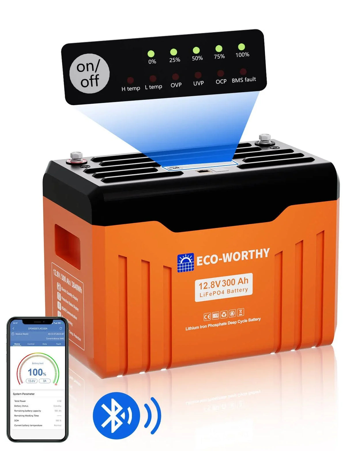 2026 ECO-WORTHY Batterie Lithium 12V 300Ah LiFePO4 Bluetooth(Noir/Orange)