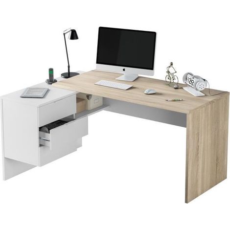 Bureau d'angle réversible en mélaminé – Chêne canadien et blanc Artik – 145 cm longueur x 108 cm profondeur x 73 cm hauteur – 3 tiroirs spacieux – Dimaplast — photo 3