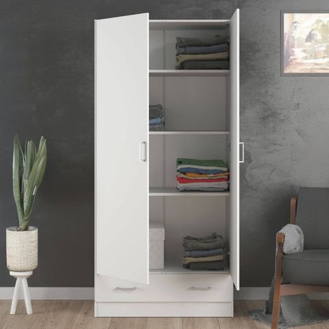 Dmora – Armoire 2 portes blanche 79,4x35,7x170,4 cm – Penderie avec 3 étagères – Design moderne pour chambre à coucher — photo 1