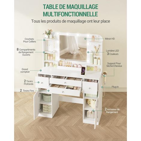 Coiffeuse enfant avec éclairage LED – Grand plateau 108 cm – 2 tiroirs et rangement pour bijoux – Prise et support pour sèche-cheveux — photo 3