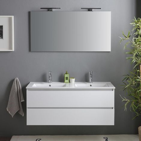 Kiamami Valentina – Meuble de salle de bain suspendu 120cm blanc brillant – Double lavabo en céramique – 2 tiroirs avec fermeture ralentie – Miroir 120x60 et 2 lampes — photo 2