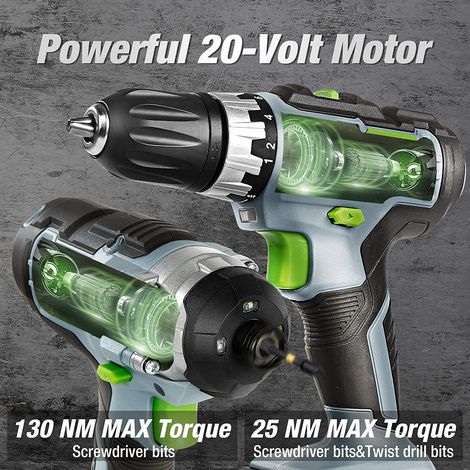 Workpro – Perceuse-visseuse sans fil 20V – 2 batteries 2.0Ah – Mandrin auto-bloquant 10mm – Visseuse à choc 130Nm pour bois et métal