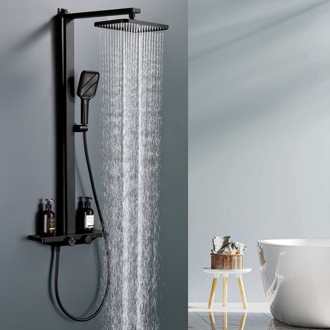 Colonne de Douche Thermostatique 38°C Noir, Kit de Douche 3 Fonctions avec Sortie en Cascade, Double Commande & Étagère de Rangement — photo 1
