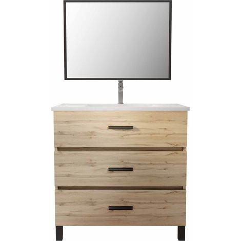 meuble de salle de bain 80 cm - chêne industriel - 3 tiroirs - vasque et miroir — photo 3