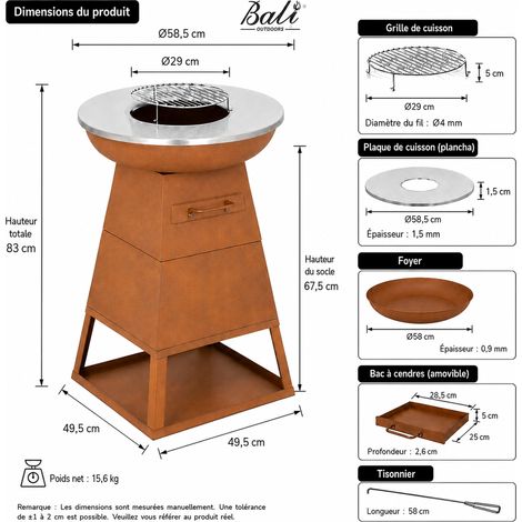 BALI OUTDOORS Braséro Plancha 3 en 1 Ø58,5 cm, barbecue extérieur au bois et charbon, plancha inox, grille barbecue, bac à cendres amovible, finition rouille — photo 4