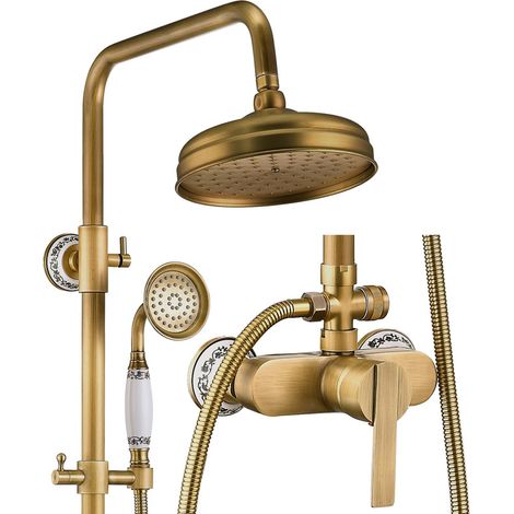 Esip – Colonne de douche thermostatique laiton antique – Pommeau effet pluie 20 cm – Douchette à main flexible 150 cm – Montage mural réglable — photo 1
