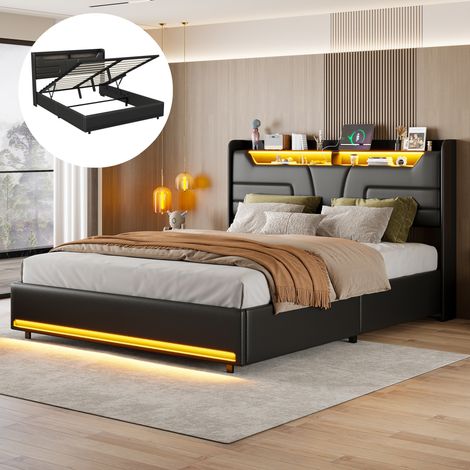 Eifson – Lit coffre 160x200 cm avec éclairage LED réglable – Port de charge USB – Rangement hydraulique – Similicuir noir texturé — photo 1