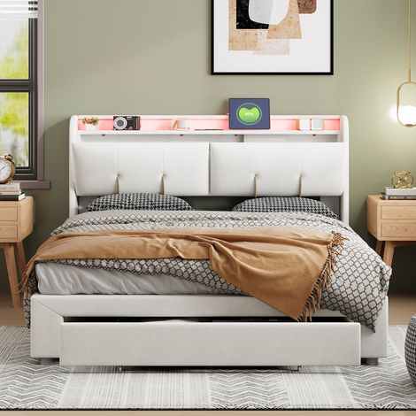 Tanant – Lit coffre 140x190 cm en tissu velours beige – Avec ports USB et Type-C – Tiroir de rangement – Tête de lit éclairée LED – Sommier à lattes — photo 2