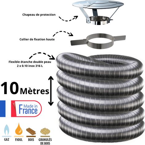Edilinox – Kit complet de fumisterie tubage flexible double peau inox 80mm – Longueur 10 mètres – Inclus collier et chapeau réglable D80 — photo 1