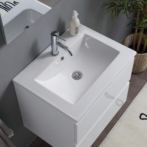 Kiamami Valentina – Meuble de salle de bain suspendu 60cm – Lavabo en céramique – 2 tiroirs avec fermeture ralentie – Finition blanc brillant — photo 3