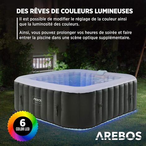Spa Gonflable AREBOS - Automatique - 185x185cm - 6 Personnes - Bande Lumineuse LED - 130 Jets de Massage - 910 L - Noir — photo 3