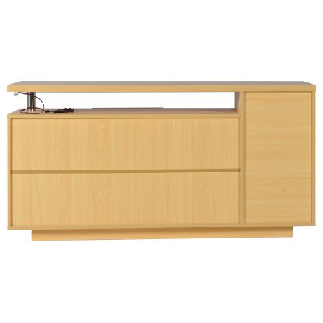 Aparador de 140 cm con iluminación LED, 2 puertas, 3 cajones y 2 compartimentos abiertos para salón y comedor, blanco y color madera — photo 5