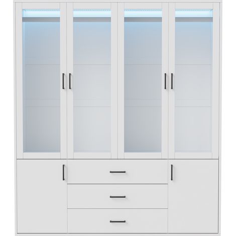 Armoire 160x51.8x182 cm avec 4 portes transparentes, 3 tiroirs， penderie - éclairage d'ambiance réglable - moderne，verre et bois - blanc — photo 5