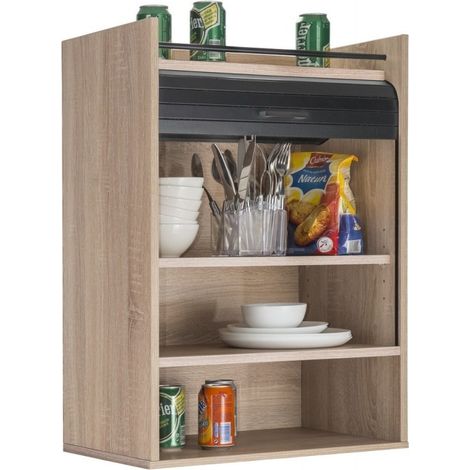 Beaux Meubles Pas Chers – Meuble de cuisine imitation chêne avec rideau noir ou blanc – 4 niches ouvertes – Dimensions 54 x 76.6 x 35.4 cm – Fixation murale incluse — photo 2