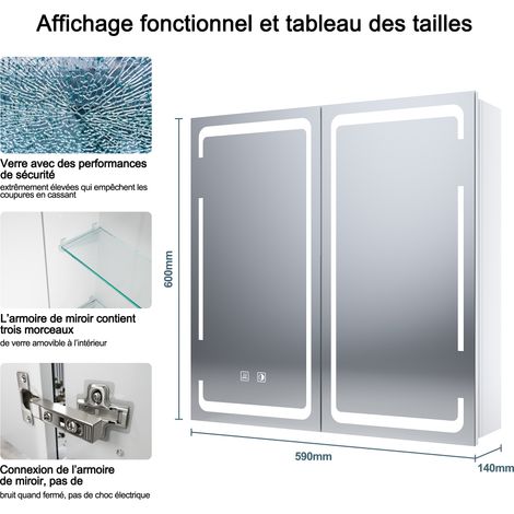 Sirhona – Miroir lumineux de salle de bain 590 x 600mm – Anti-buée avec prise rasoir – Lumières LED réglables – Double portes à fermeture progressive — photo 3
