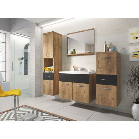 Bratex – Ensemble de meubles de salle de bain – Meuble vasque avec évier 47,5 x 60 x 34,6 cm – Armoire haute 133 x 30 x 30 cm – Couleur marron/noir — photo 1