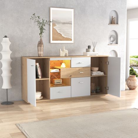 Okwish – Buffet blanc 4 portes 3 tiroirs – Éclairage LED 15 couleurs – Dimensions 160x40x77 cm – Panneaux de particules – Style moderne — photo 5
