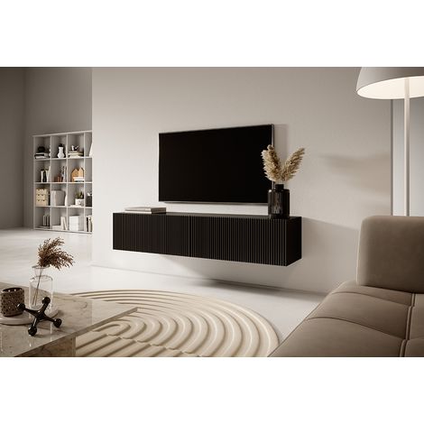 Selsey – Meuble TV 140 cm noir – Façade biseautée – Panneau stratifié résistant à l'humidité – 2 armoires spacieuses pour rangement — photo 3