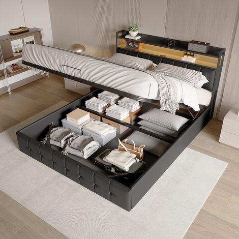 Dans Les Nuages – Lit coffre 160x200 cm avec éclairage LED – Rangement hydraulique – Charge USB-A/C – Sommier à lattes en bois – Similicuir noir — photo 2