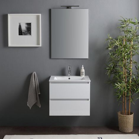 Kiamami Valentina – Meuble de salle de bain suspendu 60cm – Lavabo en céramique – 2 tiroirs avec fermeture ralentie – Finition blanc brillant — photo 2