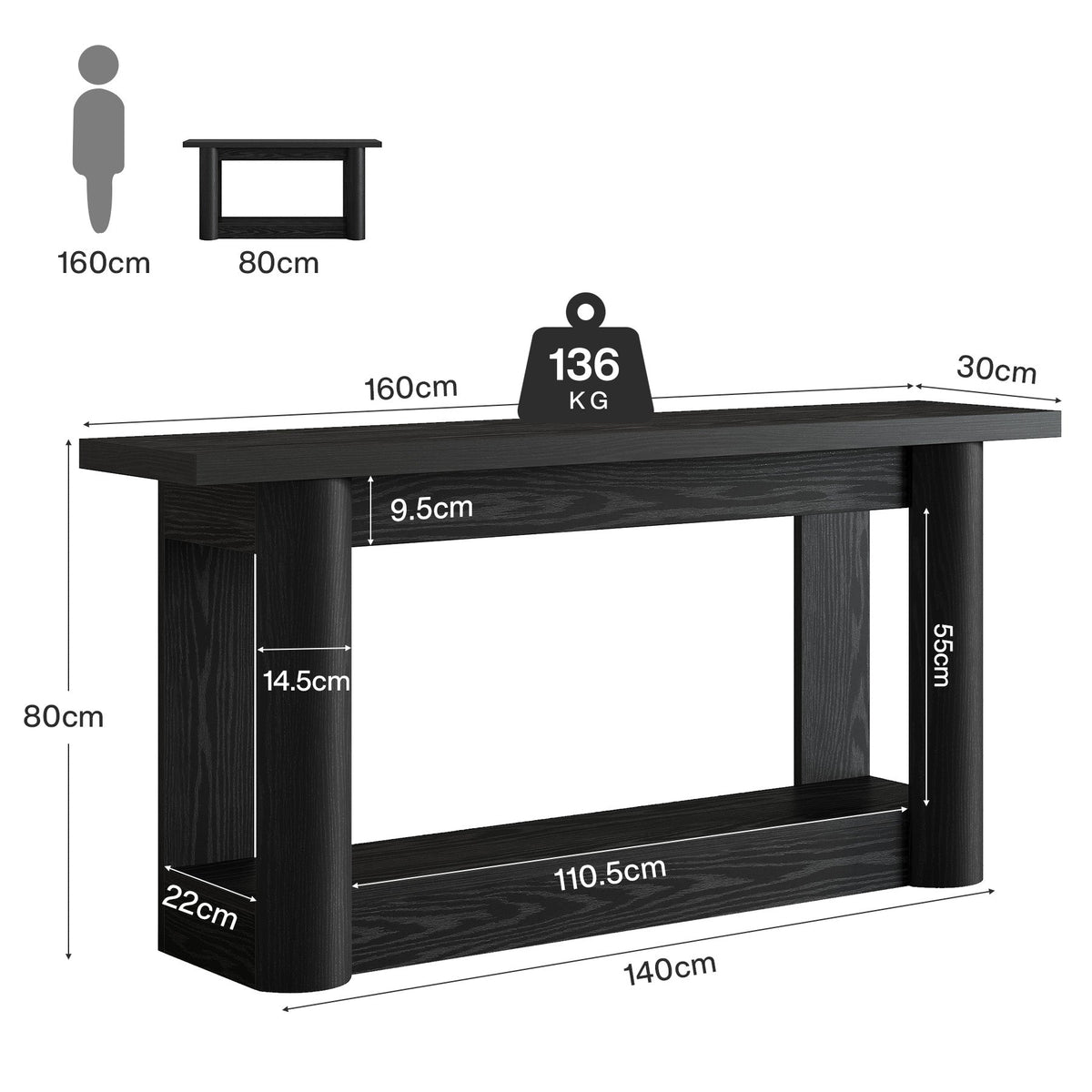 Tribesigns Table console de 160 cm, Table de canapé de ferme à 2 niveaux pour l'entrée