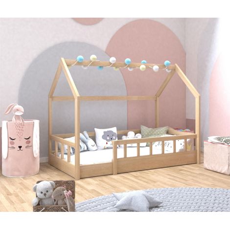 Hobag – Lit cabane enfant 90 x 190 cm – Structure en pin naturel – Avec sommier et barrières – Design épuré pour chambre d'enfant — photo 1
