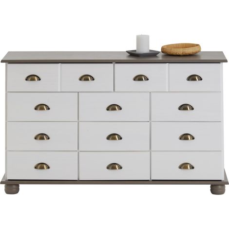 Idimex – Commode enfant en pin massif blanc/taupe – 11 tiroirs – Dimensions 73 x 117 x 35 cm (H x L x P) – Poignées coquille en métal bronze — photo 2