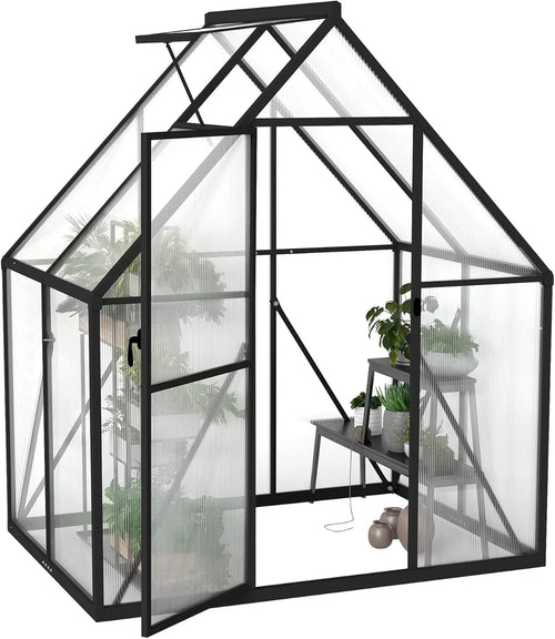 2026 Froadp serre de jardin en aluminium avec fondation, 125 × 180 × 195 cm, polycarbonate 4 mm, résistante aux intempéries, avec fenêtres(Noir/Transparent)
