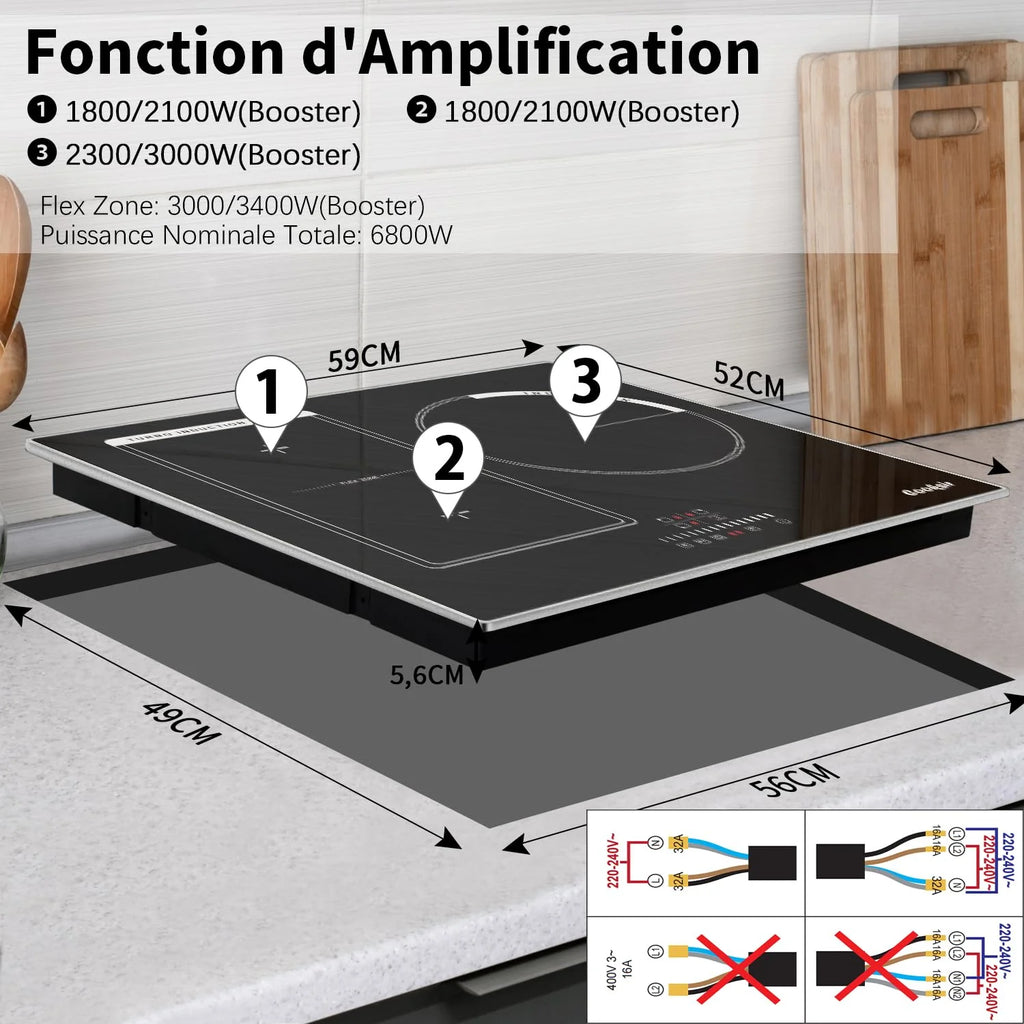 2026 Cooksir Plaque Induction 3 Feux avec Cadre, Table de Cuisson Induction 60cm Encastrable, 6800W, Commande Tactile à Curse