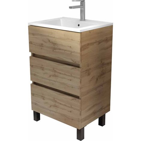meuble de salle de bains 50 cm timber - décor chêne naturel 3 tiroirs avec vasque blanche — photo 3