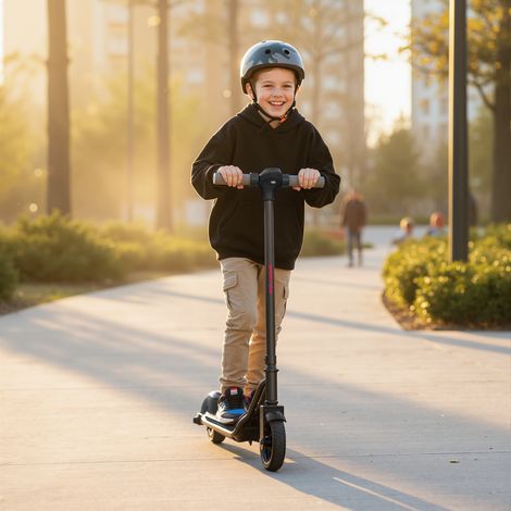Trottinette électrique enfants 6-14 ans, écran LED, lumières RGB, pneus 6,5'', vitesse 10 km/h, démarrage au kick, noir