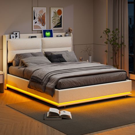 Lit coffre 140x190 cm, 2 places, avec LED, rangement, USB-A/C, sans fil charge, sommier à lattes en bois, cadre en métal, lit capitonné en velours - Beige — photo 4