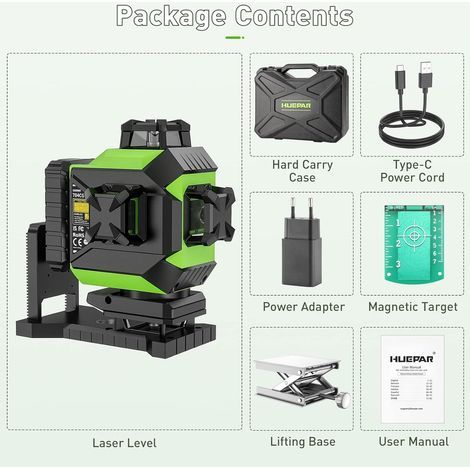 Huepar – Niveau laser 4D vert auto-nivelant 16 lignes – 2 plans horizontaux et verticaux – Batterie Li-ion 6600mAh – Support magnétique intégré – Étui de transport rigide — photo 3