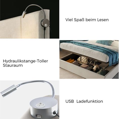 Sunfecili – Lit coffre 160x200 avec sommier – Liseuse intégrée – Chargement USB – Espace de rangement hydraulique – Lin beige – Dimensions 206x165x107 cm — photo 3