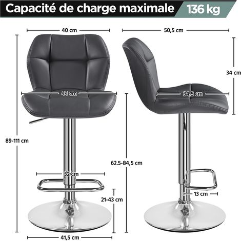 Yaheetech – Lot de 4 tabourets de bar réglables en hauteur – Similicuir et métal – Hauteur d'assise 62,5-84,5 cm – Capacité 136 kg – Gris — photo 4