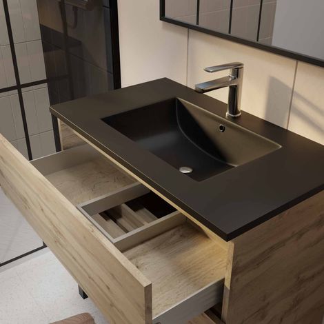 meuble salle de bains 80cm décor chene naturel 3 tiroirs - vasque noire et miroir - timber — photo 2
