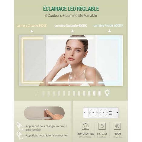 Coiffeuse enfant avec grand miroir HD 105x51,5 cm – Éclairage LED tricolore réglable – 8 tiroirs de rangement – Support pour sèche-cheveux — photo 4