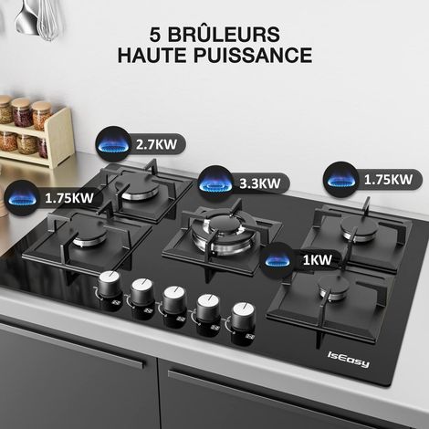 Iseasy – Plaque de cuisson gaz 5 foyers encastrable – Allumage par impulsion – Verre trempé et fonte – Compatible gaz naturel et propane — photo 4