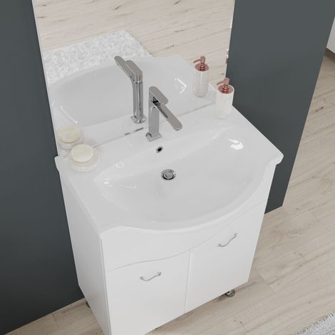 Kiamami Valentina – Meuble de salle de bain sur pieds 65 cm – 2 portes – Lavabo en céramique – Miroir avec spots LED – Finition blanc brillant — photo 3