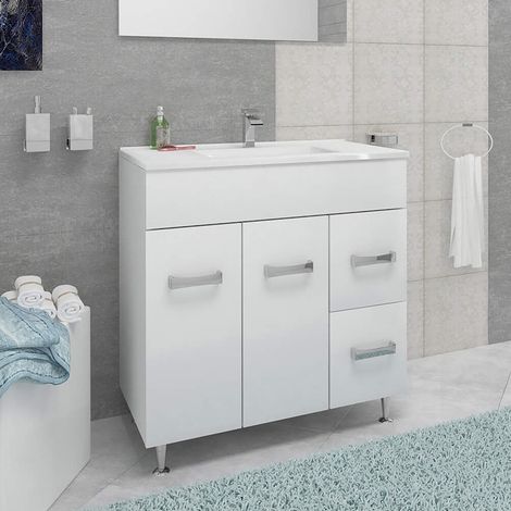 Saniverre – Meuble salle de bain sur pieds avec vasque simple céramique blanche L. 80 cm – 2 portes battantes et 2 tiroirs coulissants – Finition brillante — photo 2