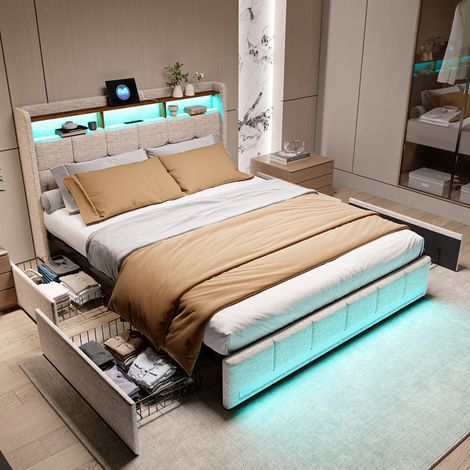 Lit 140 x 200 avec sommier,lit 2 personnes avec tiroirs et étagères de rangement ouvertes,lit double rembourré avec LED et USB,lit 140 x 200 avec sommier à lattes en bois, lin beige — photo 4