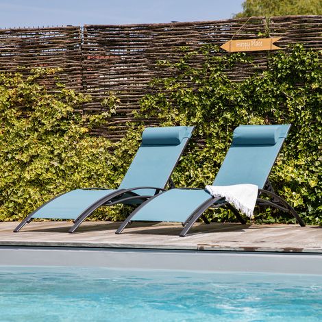 Happy Garden – Lot de 2 transats GALAPAGOS en textilène bleu gris – Structure aluminium gris anthracite – Dossier inclinable 5 niveaux – Confort optimal — photo 2