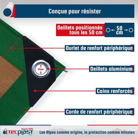 Tecplast – Bâche de protection 10x12 m 250g/m² – Étanchéité totale – Résistante aux intempéries – Ourlet périphérique et œillets aluminium — photo 5