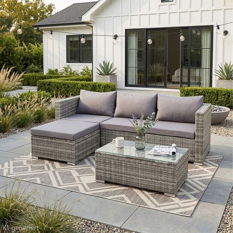 Svita – Ensemble de salon de jardin 5 pièces en polyrotin gris – 2 éléments d'angle et 1 central – Table basse avec plateau en verre – Coussins confortables 8 cm — photo 2