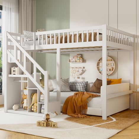 Lit mezzanine 140x200,lit mezzanine enfant avec escalier de rangement,penderie intégrée,étagère de rangement,barrière de lit antichute,lit en bois massif,blanc — photo 1