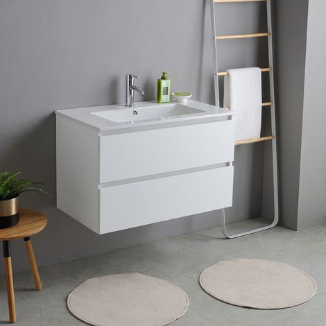 Kiamami Valentina – Meuble de salle de bains suspendu 80cm blanc export avec lavabo en céramique – 2 tiroirs avec fermeture amortie – Design moderne — photo 1
