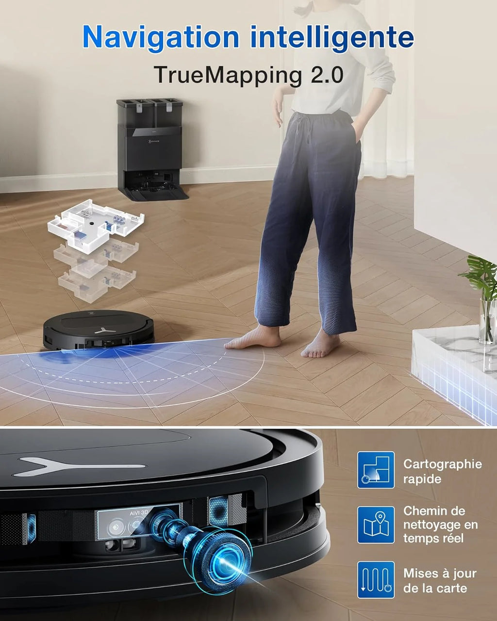 2026 ECOVACS T50 Omni Aspirateur Robot avec Station, Puissance 15000Pa amélioré par T30 Pro Omni, Brosse latérale et serpilli