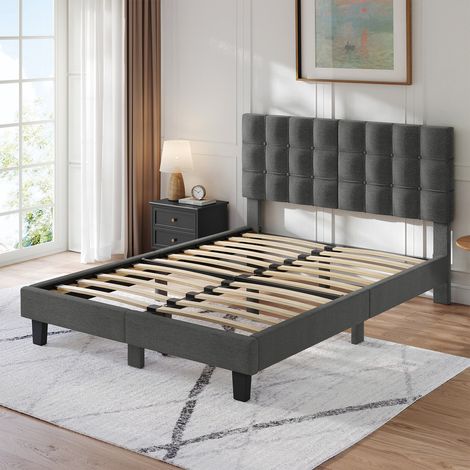 Havenlyhome-Lit double 160x200cm-Tête de lit
capitonnée - Sommier à lattes robuste
Charge maximale 350 kg - Gris — photo 1