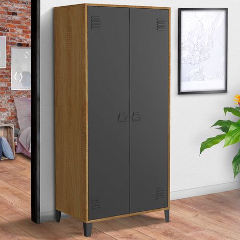 Idmarket – Armoire vestiaire penderie 2 portes métal noir – Contour bois – Longueur 76 cm – Hauteur 170 cm – Design industriel — photo 2
