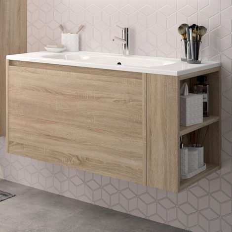 Le Quai Des Affaires – Meuble sous vasque avec vasque VESNA – Décor chêne blanchi – 1 tiroir – Dimensions L100xP46xH50 cm – Résine blanc brillant — photo 1